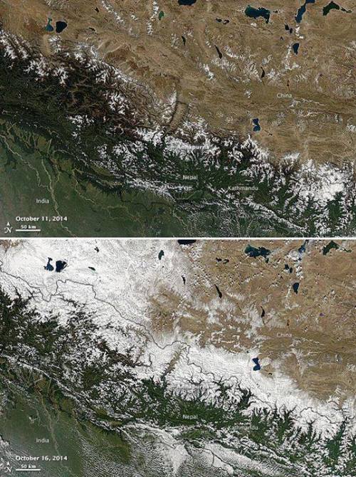 Blizzard kills trekkers in Nepal.The satellite photos (Oct 11th and 16th) show the before and after 