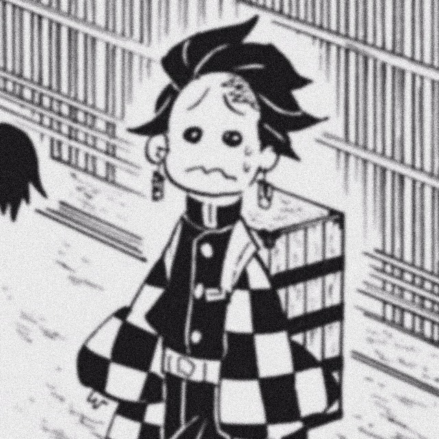 an icon of tanjiro from demon slayer manga. it is drawn in a goofy fashion. he stands and looks to the viewer with a pitiful expression. he sweats slightly and frowns.