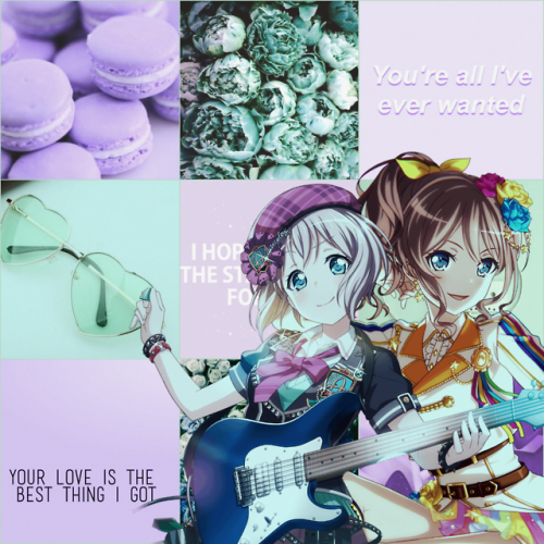 An aesthetic for Moca Aoba who loves Saaya Yamabuki with pastel purples and teals!This was really fu