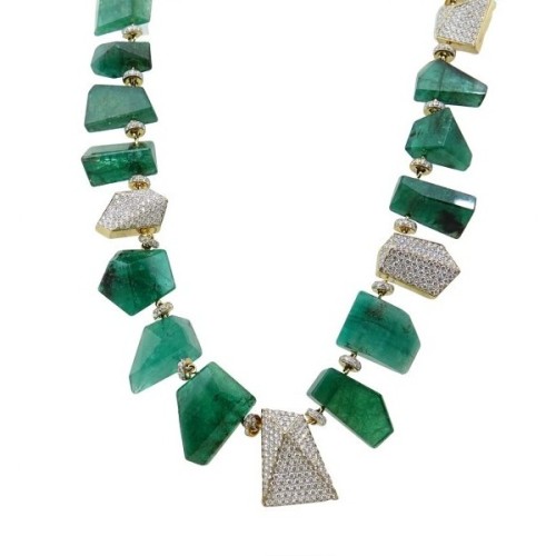 Pre-owned Pamela Huizenga 18K Yellow Gold Emerald Nugget Bead and 10.58ct. Diamond Necklace ❤ liked 