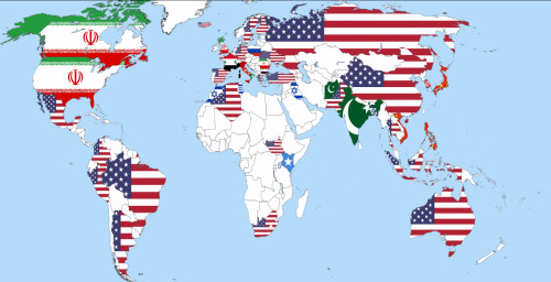 Citizens in various countries around the world were asked by WIN/Gallup in their 2013 End of Year survey, “Which country do you think is the greatest threat to peace in the world today?” Above, the number one answer from each nation is represented