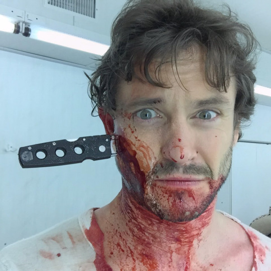 patroclusdefencesquad:blood covered hugh dancy bts of hannibal my beloved ❤️