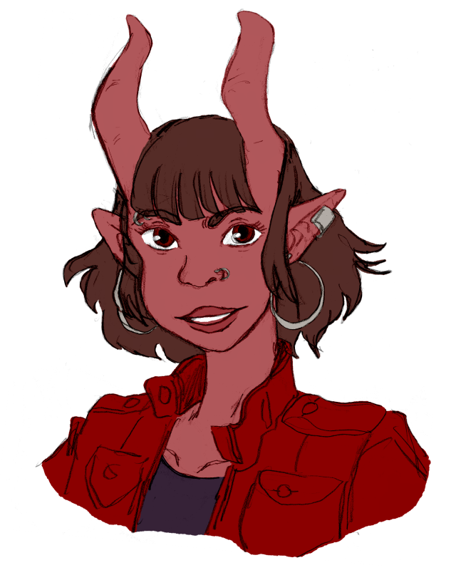 thinking about her (short haired fig) [ID: a portrait of fig from fantasy high. she has pale red skin, red eyes, pointed ears,...