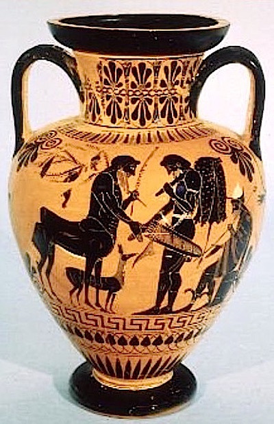 blondebrainpower:  Hercules and the centaur Pholus shaking hands. Attic black figure neck amphora, c. 530-510 B.C. Photograph courtesy of the Trustees of the British Museum, London.