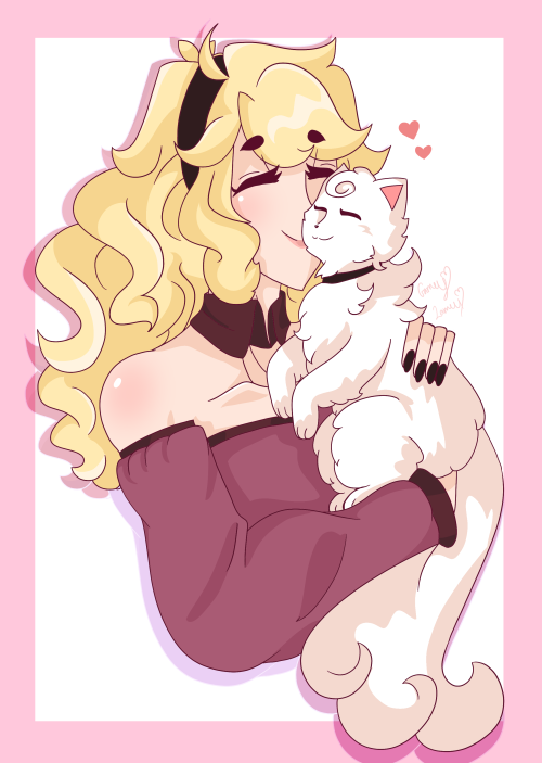 One of my cute OCs with her kitty! Both the sketch and the final version bc I liked both