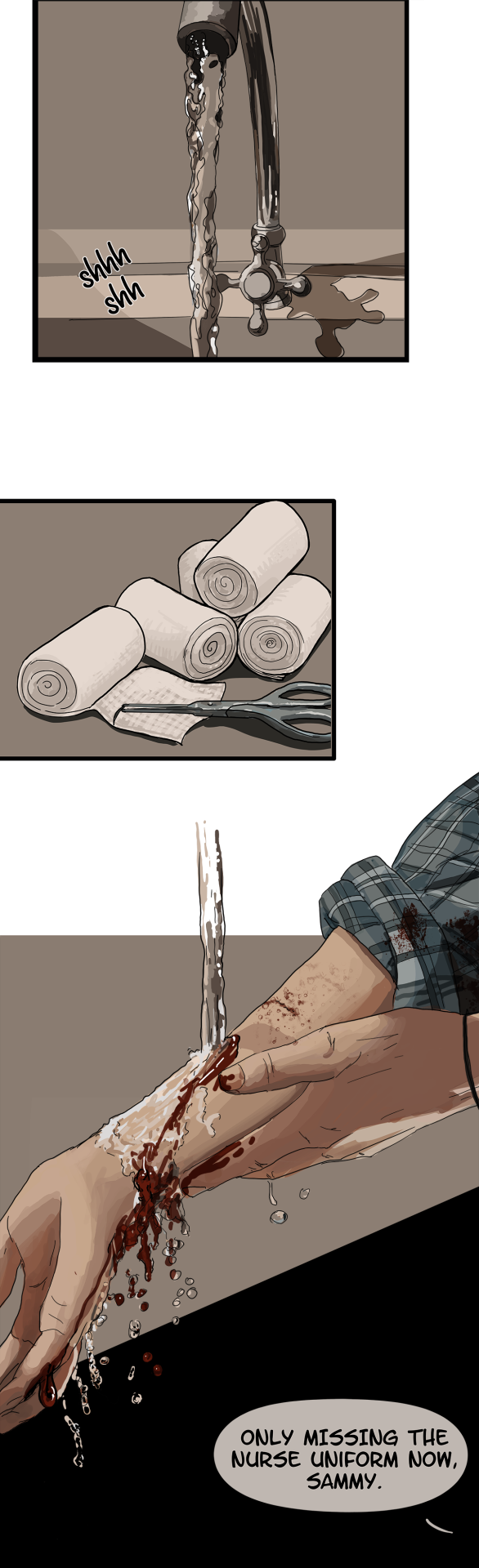 vertical webcomic. the first panel shows water running from the tap, the second, someone wearing flannel washing their hands from blood there. dean says, at the end: "only missing the nurse uniform, sammy"