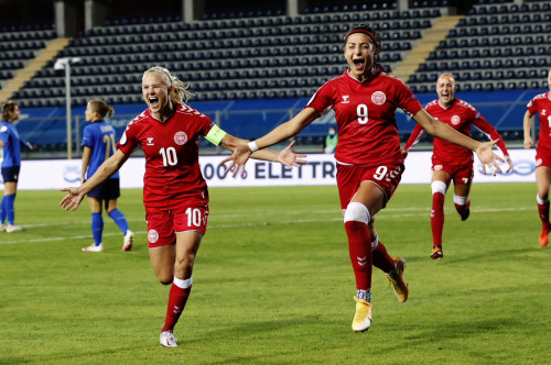 Denmark National Team celebrates after scoring 3 goals during UEFA Women’s EURO 2022 qualifier