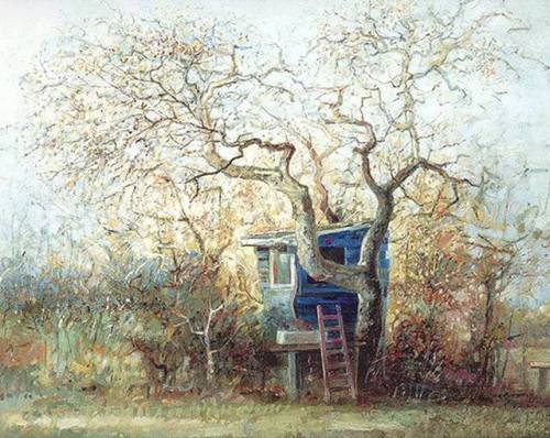huariqueje:The Appel Tree Hut   -  Rein Pol , 1990.Dutch,b.1949-olieverf op linnen   40 x 50 cm