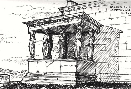 the erechtheum, the acropolis, athens, greece.this sketch shows the famous caryatids, an architectur