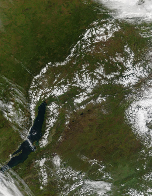 First snow nearLake Baikal (Siberia, September 2003), from the Terra satellite.This photoshows the a