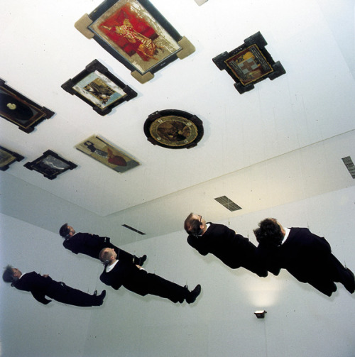 free-parking:  IRWIN, IRWIN Live, 1996/1998 exhibitions in Atlanta and Warsaw  IRWIN Live consists of paintings from the “Was ist Kunst” series installed on the ceiling with the Irwin members suspended below them so as to appear standing as spectators