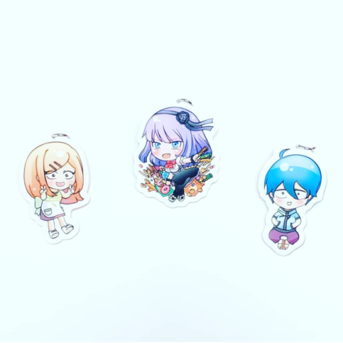 Acrylic charms from Dagashi Kashi! Featuring the sweets-loving Hotaru and her group of merry friends