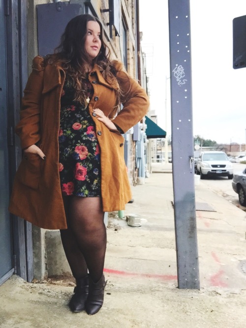 nataliemeansnice:  fats in florals.   outFAT of the day:  burnt orange amazing coat: asoscurve, US 18  floral long sleeve skater dress: forever21, US 3X sheer tights: catherine’s, size C chain booties: forever21, size 8
