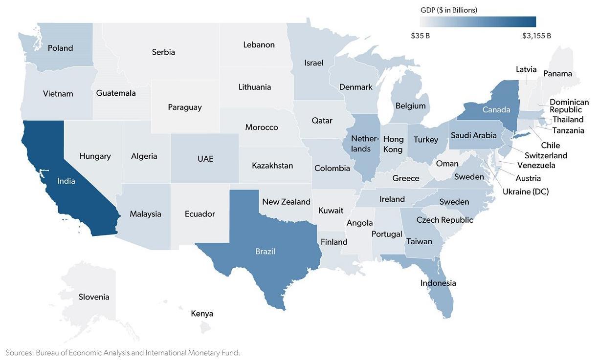 U.S. States Renamed as Countries with Comparable GDP, 2019.