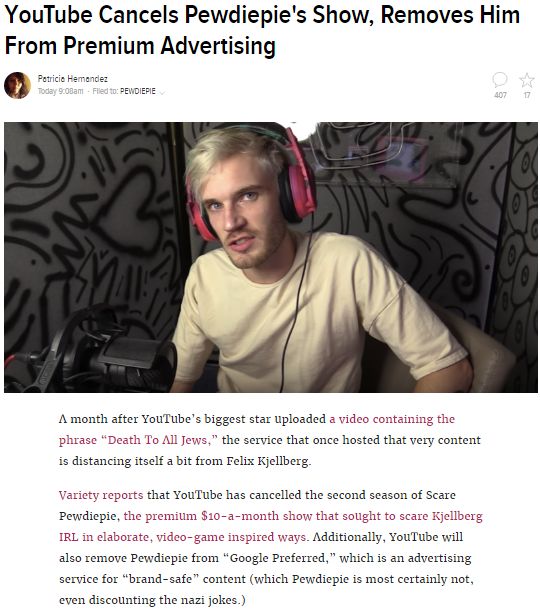 Disney Drops Pewdiepie Over Anti-Semitic Jokes