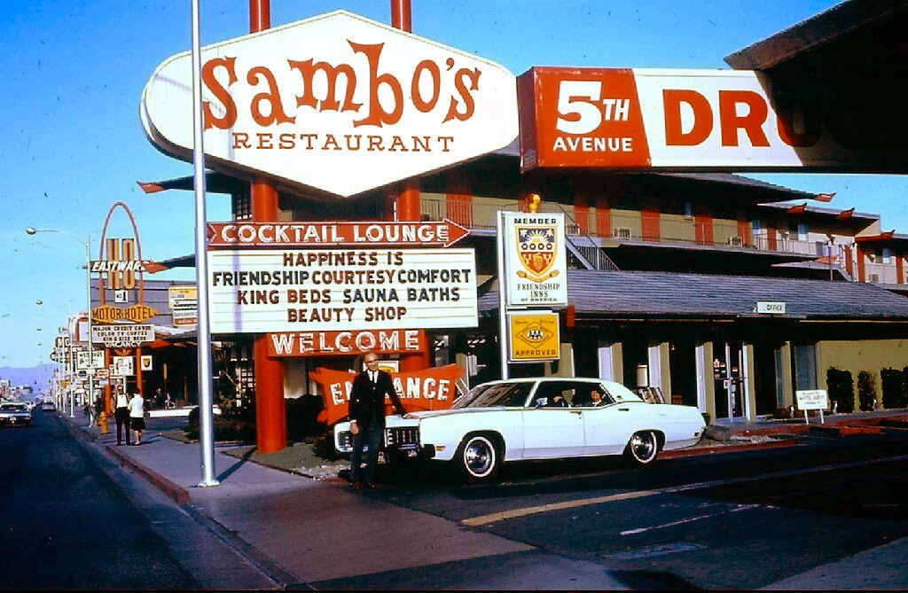 Vintage Las Vegas — Sambo's at Lotus Inn, c. 1970 Man and 1970 Ford...