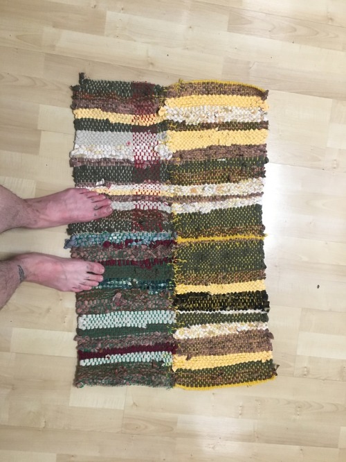 Completed my first “useful” weaving — a rag rug made of four panels woven together.