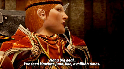 Aveline: Not a big deal. I’ve seen Hawke’s junk, like, a million times.Varric: You have?!Aveli