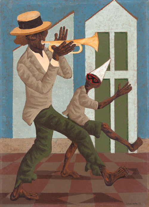 Clóvis Graciano (1907-1988) — Trumpet Player and Masked  (oil on canvas, 1973)