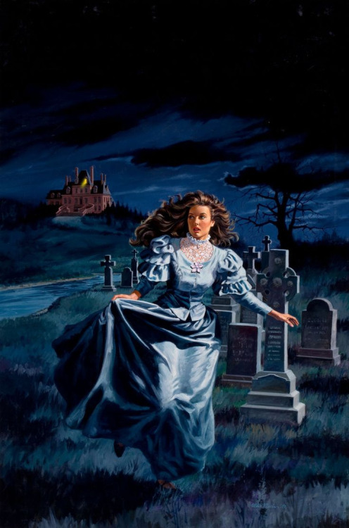 nimmieamee:vintagegeekculture:Artist  Uldis Kalvan’s gothic romance covers, featuring women running 