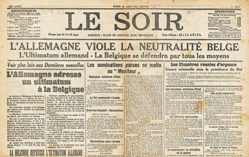 Front page of Le Soir, a French-language Belgian newspaper,mentioning the German invasion of Belgium