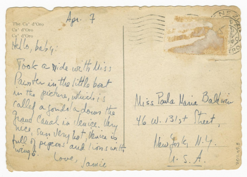 Postcard from James Baldwin to his sister Paula Baldwin telling her about a gondola ride that he too