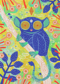 lordofmasks:  The All-Seeing Tarsier An illustration of my spirit animal for Light Grey Art Lab’s Animystics show! With her enormous gold eyes she can see into other dimensions and will aid you in overcoming artist’s block. Prints (or the original)