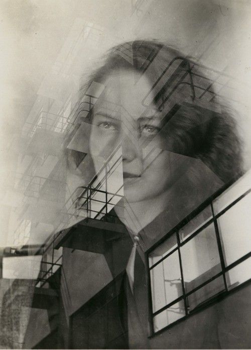 mr-gaunt: Portrair of Otti Berger with a Bauhaus facade, double exposure, c. 1931. Atrributed to Jud