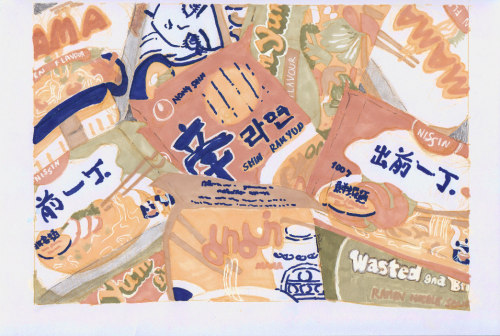 ramen stash illustration, 2016in markers and pen with extremely limited palette(”wasted and broke” i