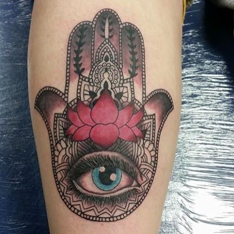 GB Tattoo — Hamsa hand by @luke__fitzgerald #hamsa #lotus...