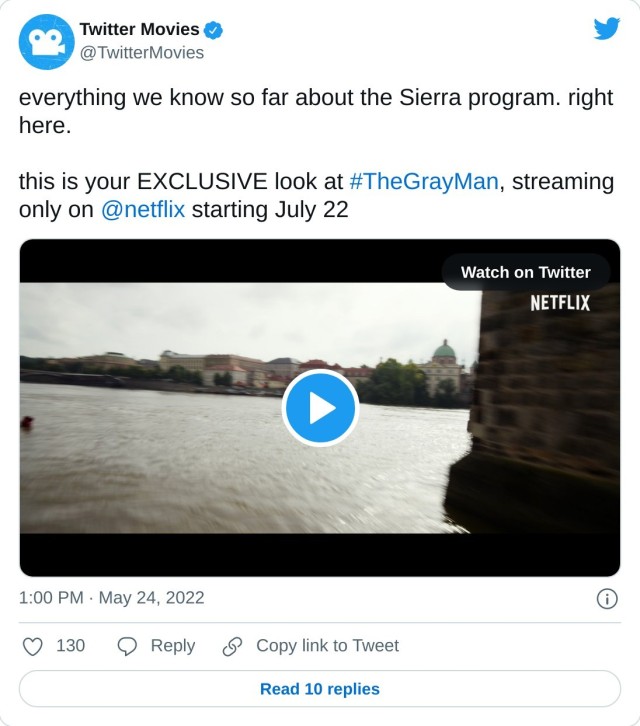 everything we know so far about the Sierra program. right here. this is your EXCLUSIVE look at #TheGrayMan, streaming only on @netflix starting July 22 pic.twitter.com/ci1qQcN6X5 — Twitter Movies (@TwitterMovies) May 24, 2022