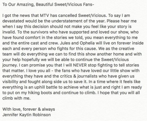 &ldquo;It is with a heavy heart that I write this note to the AMAZING, BEAUTIFUL #SweetVicious F