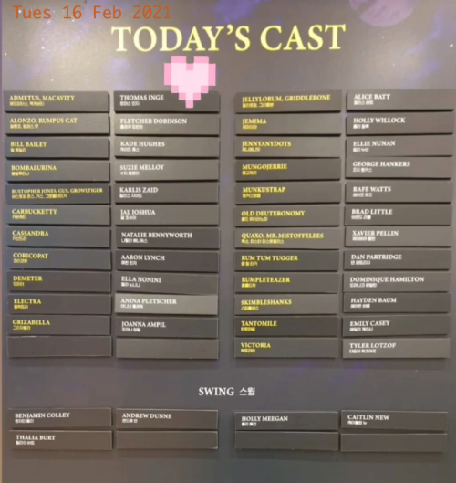 Cast list, Tuesday 16 February 2021 (Asia tour 2020). Everybody back and in their right place - exce