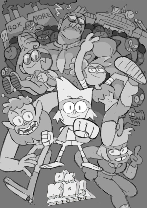 insidematthieu:  Here are the initial layout ideas for the OK KO poster that I did along with a lil’ drawing from earlier this week. I love doing big pictures with lots of fun characters! 