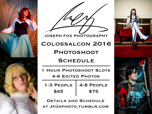 Hello, friends and cosplayers! A reminder that I have photoshoot slots open for Colossalcon! I have 