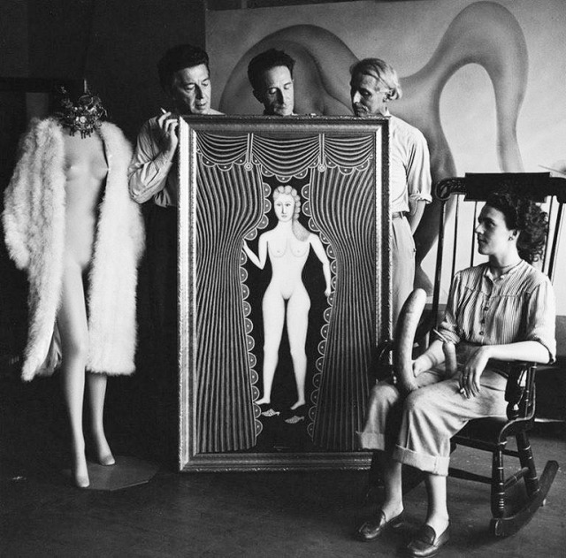 Hermann Landshoff, Leonora Carrington, Andre Breton, Max Ernst and Marcel Duchamp, New York, with Morris Hirshfield’s painting nude at the window (1941) at Peggy Guggenheim’s town-house, 1942. #bizarre au Havre #photography #Black and White #surrealism#art#artist#hermann landshoff#leonora carrington#andre breton#max ernst#marcel duchamp#new york#morris hirshfield#peggy guggenheim#photographie #noir et blanc #surréalisme#artiste