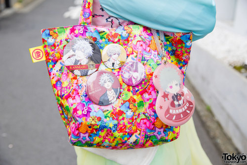 tokyo-fashion:  15-year-old Harajuku girl with pastel hair, rainbow braces, a 6%DOKIDOKI bag with Uta no Prince-sama pins, and colorful fashion from Milklim, Uniqlo, and Swimmer. Full Look