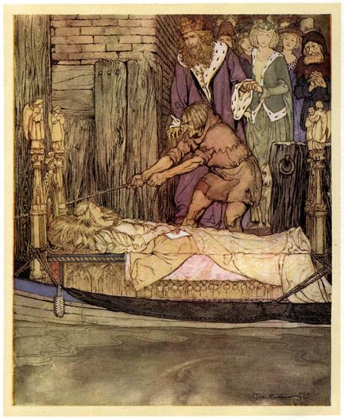 artist-rackham: The boat with the dead Maid of Astolat before the palace at Westminster, Arthur Rack