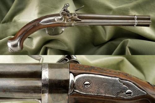 Three barrelled (turn barrel) flintlock pistol, Paris, late 17th century.from Czerny&rsquo;s Interna