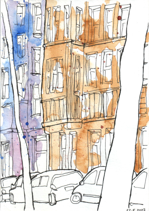 Sketching the neighbourhood. Wasn’t sure about adding the black, so I went home to scan it first in 