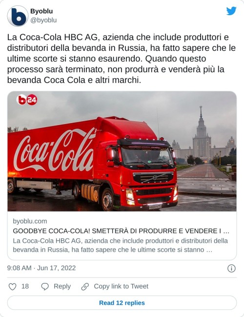 La Coca-Cola HBC AG, azienda che include produttori e distributori della bevanda in Russia, ha fatto sapere che le ultime scorte si stanno esaurendo. Quando questo processo sarà terminato, non produrrà e venderà più la bevanda Coca Cola e altri marchi.https://t.co/2Vb4vaykTf  — Byoblu (@byoblu) June 17, 2022