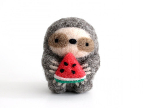 wildwhimsywoolies:  Sloth with Watermelon, Needle Felt Sloth, Sloth Gift, Felted Sloth, Felt Animal,