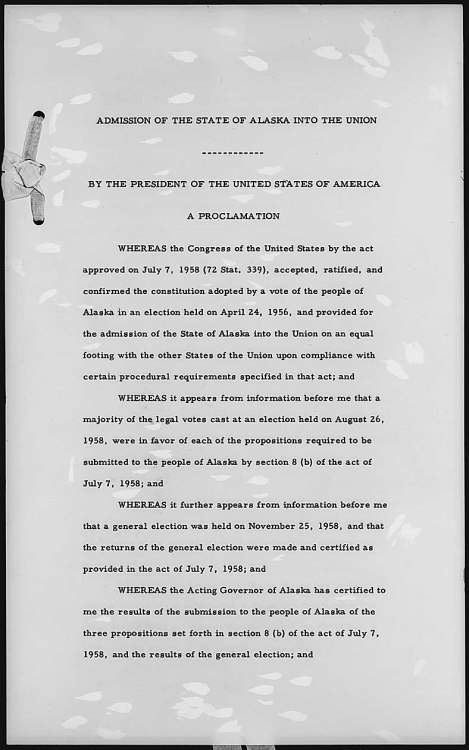 Welcome to the Union, Alaska!
“  Presidential Proclamation 3269 of January 3, 1959, by President Dwight D. Eisenhower admitting the State of Alaska into the Union., 01/03/1959
”
Did you miss our Alaskan photoset from last year’s anniversary?