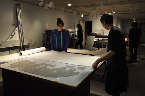 Chief Conservator Esther Méthé supervises conservation intern Annaïck Keruzec as she cuts tissue for