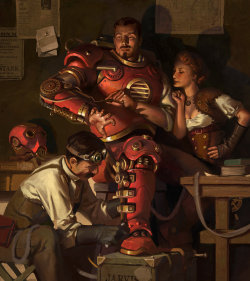 cinemagorgeous:  Steampunk Iron Man and medieval Batman. By artist Jason Kang. 