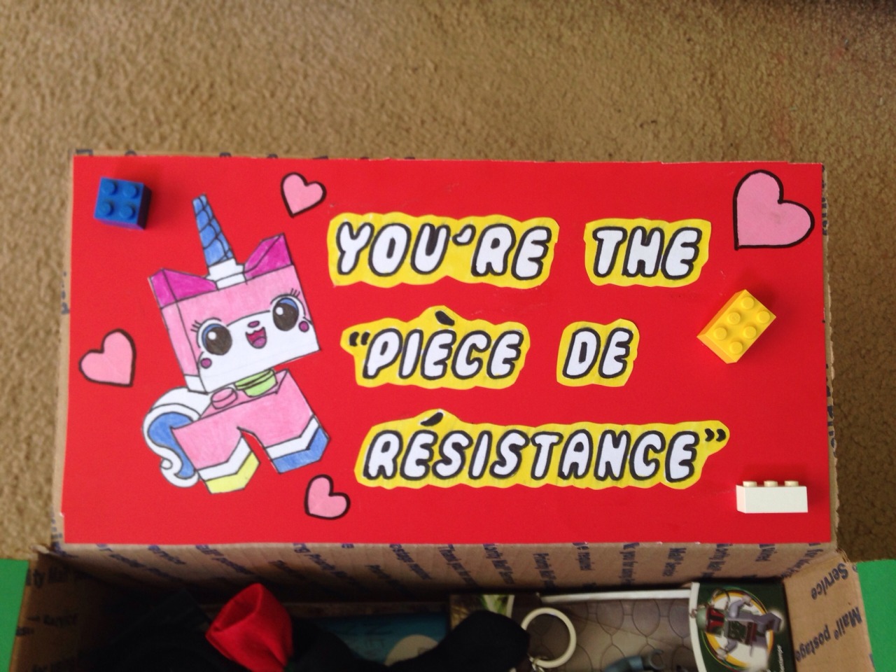 shortskirtstrongboots:  This year’s Valentine’s care package for John! I can’t
