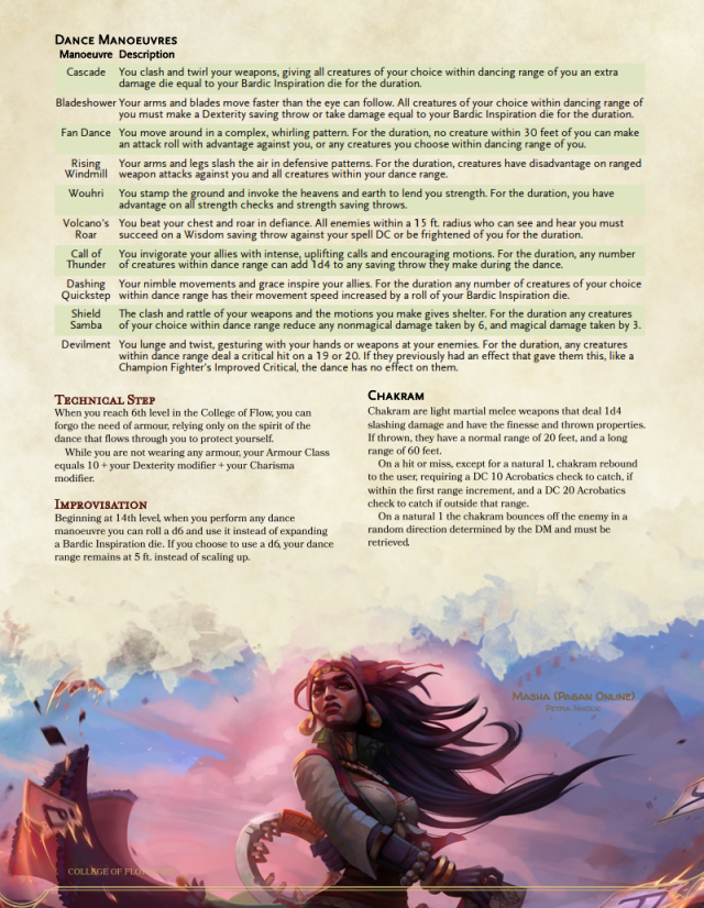 A screenshot of the 2nd page of the College of Flow bard subclass. This page features a picture of a brown skinned woman with with flowing clothes at the bottom of the page, and further details of the class - the full text of which can be found in the link in the main post.