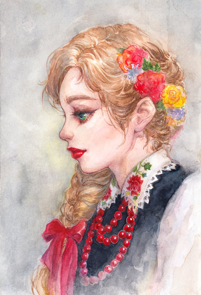 Lowiczanka  Girl in traditional folk costume from Poland.Watercolour painting on the Canson Mix