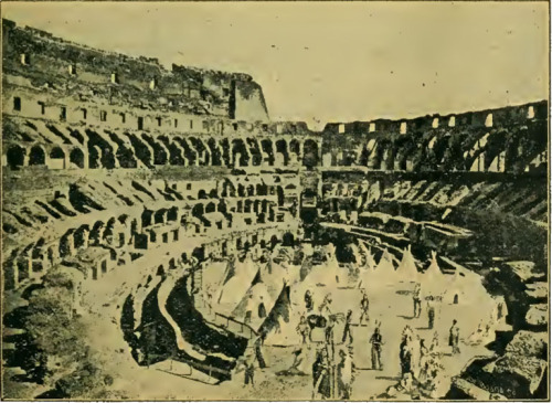 Native Americans with Buffalo Bill’s Wild West Show set up teepees in the Colosseum.  Rome, ci