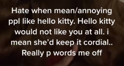 tiktok screenshot with text that reads: hate when mean/annoying ppl like hello kitty. hello kitty would not like you at all. i mean she'd keeep it cordial.. really p words me (pisses me) off